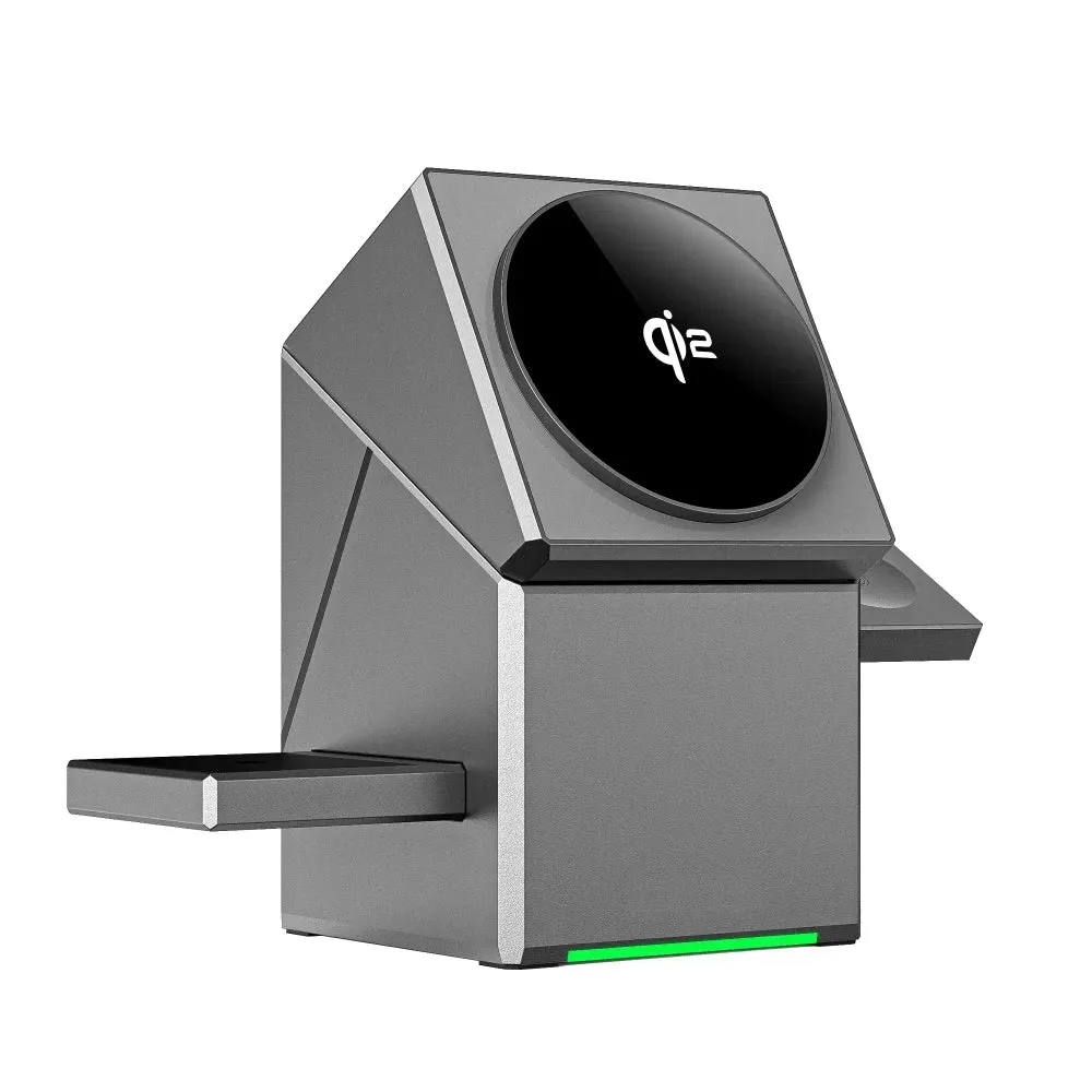 Black 3-in-1 rotating wireless charging stand with phone, watch and earbuds