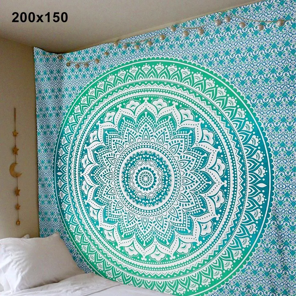 Black and white mandala wall tapestry in a bedroom
